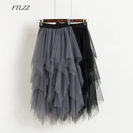 FTLZZ Tulle Skirts Women High Waist Mesh Skirt Hem Asymmetrical Pleated Midi Skirt Female Black Pink Summer Mid-calf Skirts