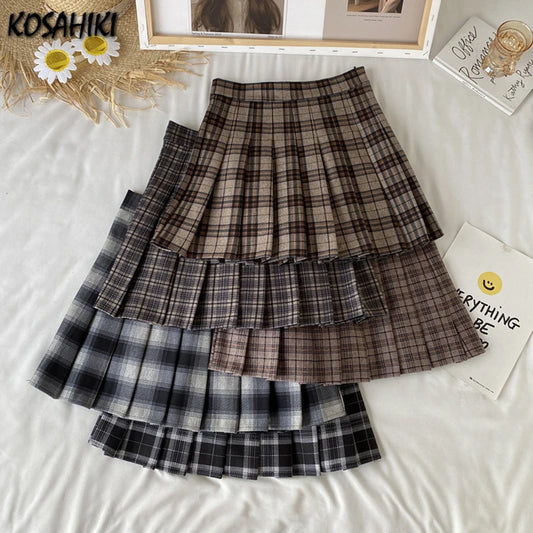 KOSAHIKI A Line Pleated Skirts Womens Korean Japanese Fashion High Waist Falda 2023 JK Plaid Mini Skirt Female Cute Faldas Mujer
